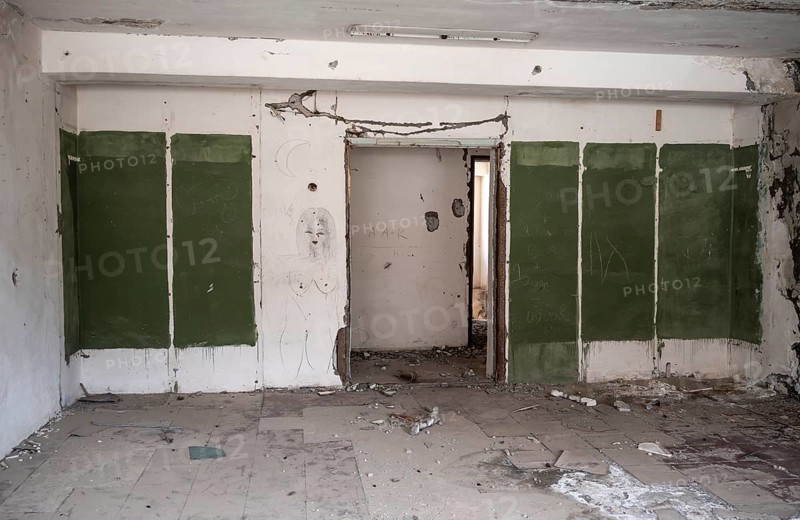 Abandoned, destroyed room in a residential building, Soviet apartment blocks, ghost town, Engilchek, Tian Shan, Kyrgyzstan, Asia