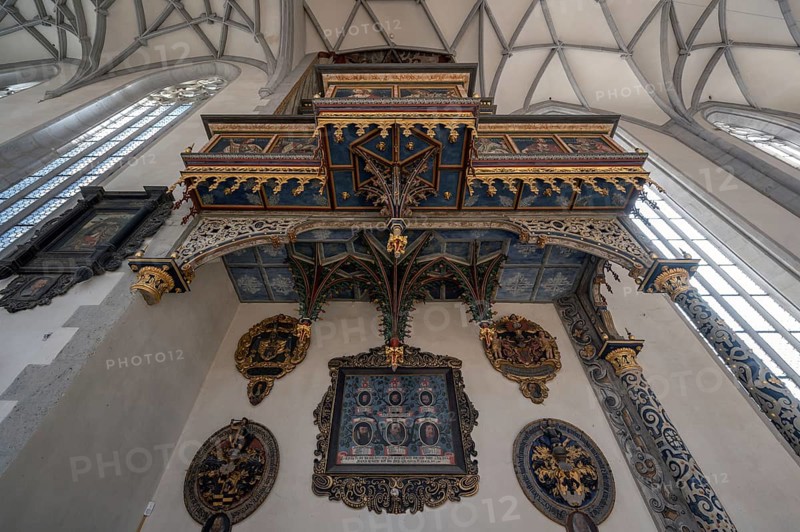 Organ with Renaissance prospectus in the late Gothic church of St George, built between 1427 and 1505, church, Nördlingen, Bavaria, Germany, Europe