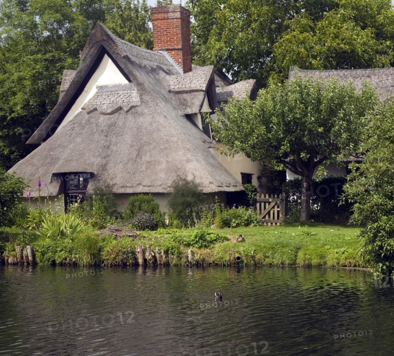 Thatched Bridge Cottage at Flatford, East Bergholt, Suffolk, England, United Kingdom, Europe