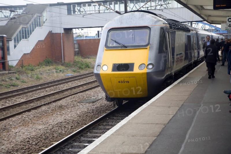 East Coast mainline train at platform, Peterborough station, England, United Kingdom, Europe