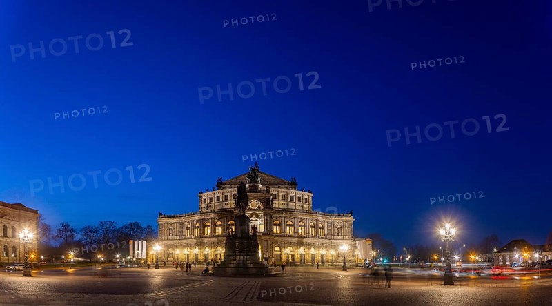 Semperoper am Theaterplatz with King Johann monument in the evening, Dresden, Saxony, Germany, Europe