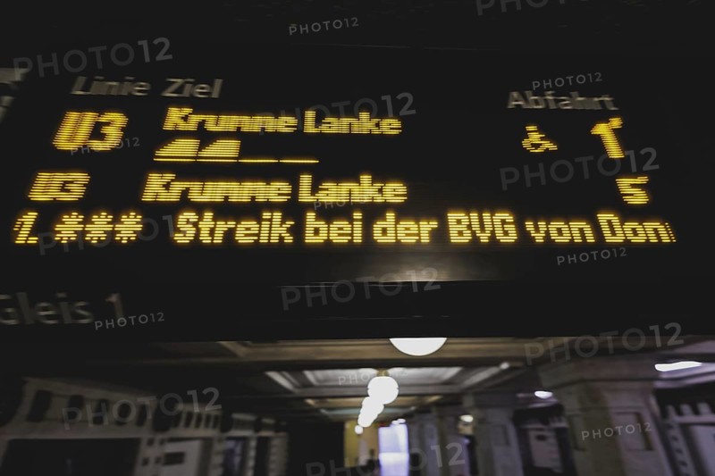 The announcement of a BVG strike is displayed on a display board at Rüdesheimer Platz underground station in Berlin, 27 February 2024. The Berlin public transport company (BVG) has announced strikes for Thursday and Friday