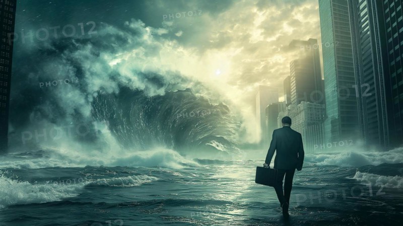 Disheartened businessman standing in the city in the midst of aproaching turbulent crashing waves. feeling of overwhelming demands, generative AI, AI generated