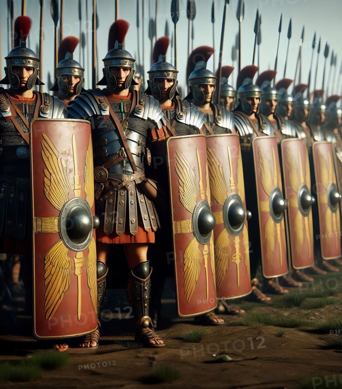 Roman legionaries stand in a cohort with shield, helmet and armour, symbolic image Roman Empire, Rome, history, Roman Empire, AI generated, AI generated