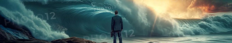 Banner of disheartened businessman standing on the shore in the midst of approaching turbulent crashing waves. feeling of overwhelming demands and impending doom, generative AI, AI generated