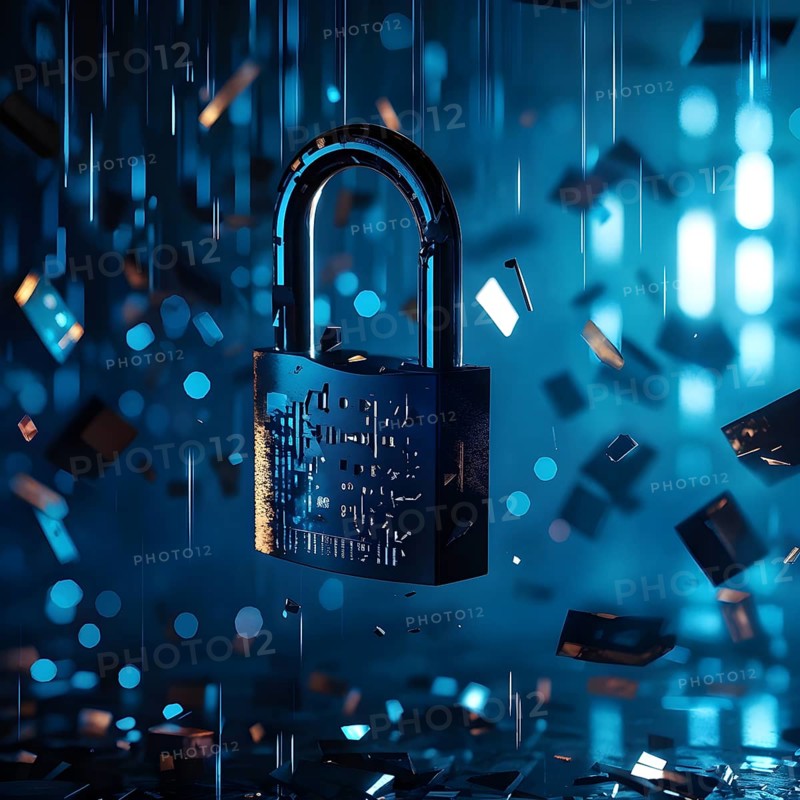 AI generated broken digital padlock shattered on a reflective dark surface strewn with traces of broken codec