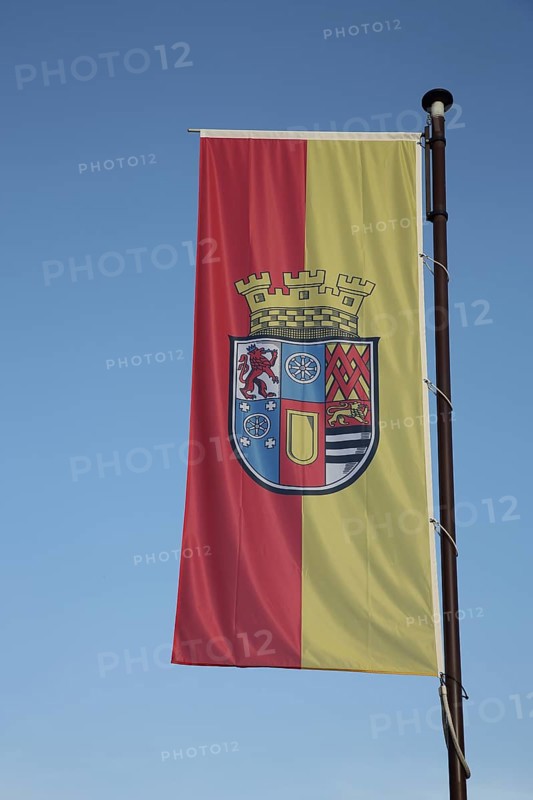Flag and flagpole with coat of arms at Oberstein Castle, Idar-Oberstein, Hunsrück, Rhineland-Palatinate, Germany, Europe
