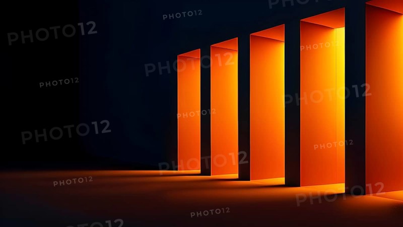 Windows aligned within an elongated tunnel permeated with gradients of orange hues, AI generated