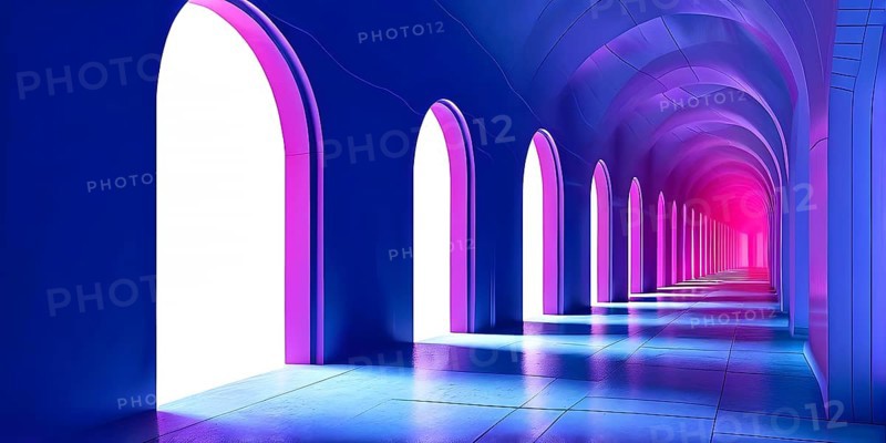 Windows aligned within an elongated tunnel permeated with gradients of blue and magenta hues, AI generated
