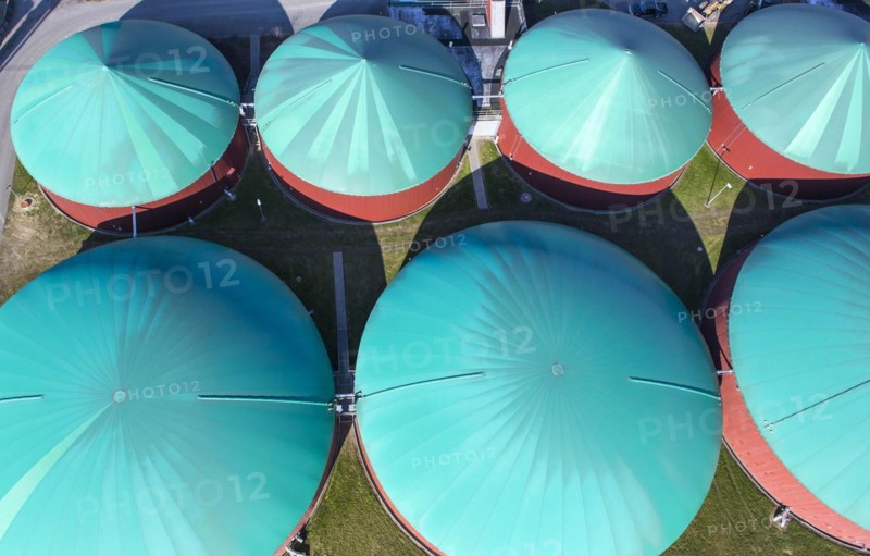 Aerial view of a biogas plant, energy production from biomass at an agricultural business, 16/03/2016