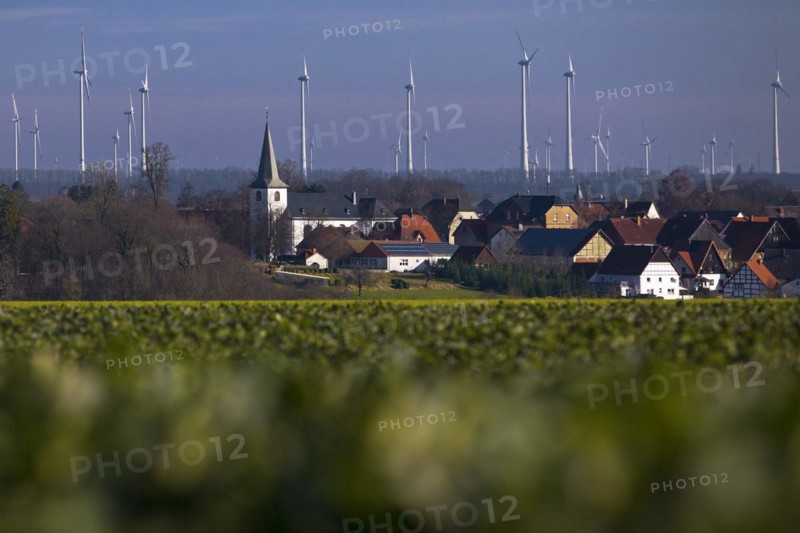 Sintfeld wind farm behind the village of Fürstenberg, Bad Wünnenberg, Paderborn plateau, North Rhine-Westphalia, Germany, Europe