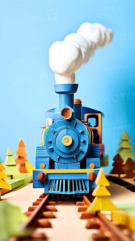 Vintage wooden locomotive toy with a playful design in front of blue background, AI generated