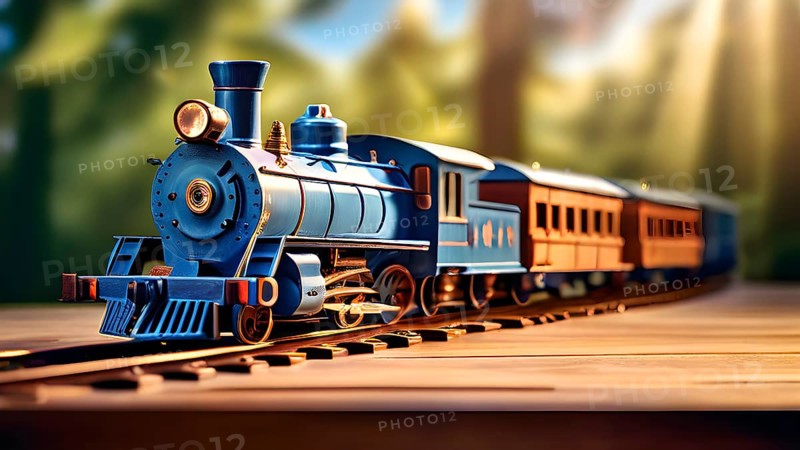Vintage wooden locomotive toy with a playful design in front of blurred background, AI generated