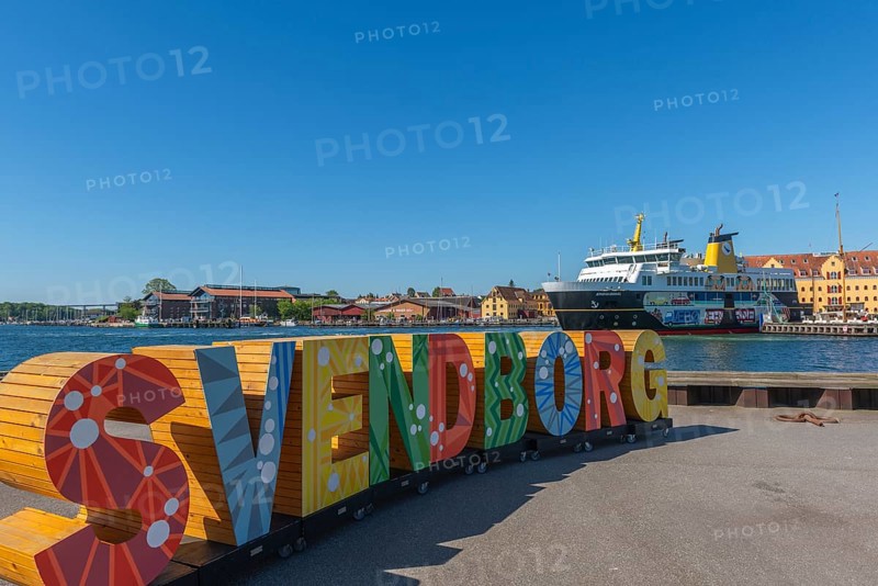 Maritime Svendborg, Frederiksø, Frederiks Island in the harbour, colourful lettering, old warehouse, Ærø ferry, Great Belt, Baltic Sea, Fyn, Fyn Island, Denmark, Europe
