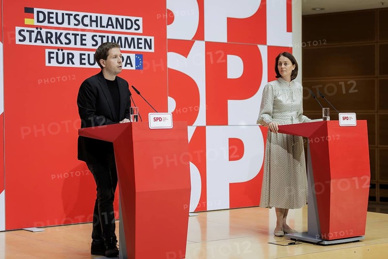 Kevin Kuehnert, SPD Secretary-General, and Katarina Barley, SPD lead candidate for the 2024 European elections, at a press conference following the SPD Presidium meeting after the European elections at the Willy Brandt House in Berlin, 10 June 2024