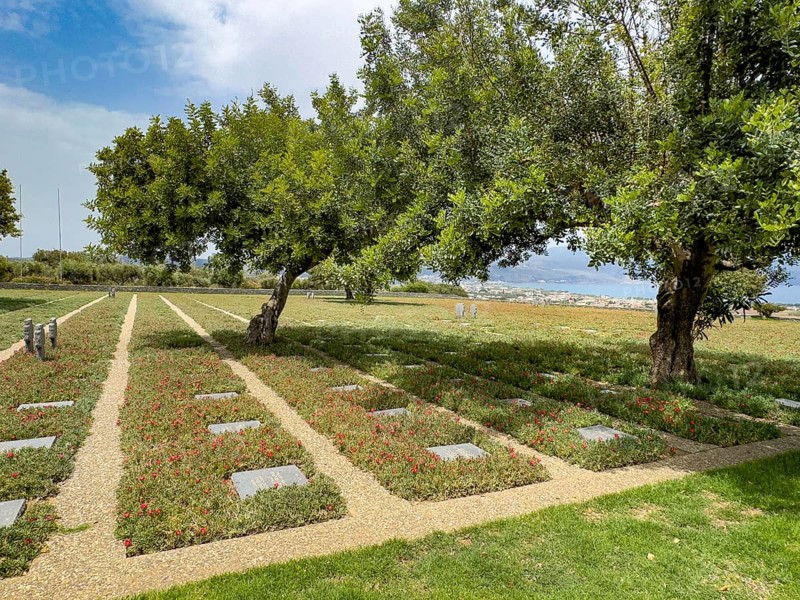 Olive trees (Olea europaea) stand between cast shadows on rows of grave slabs Gravestones Graves of German soldiers' graves on part of German War Graves Commission (Volksbund Deutsche Kriegsgräberfürsorge) German military cemetery inaugurated in 1974 on former battlefield in World War II heavily contested hill Height 107, Maleme, Crete, Greece, Europe