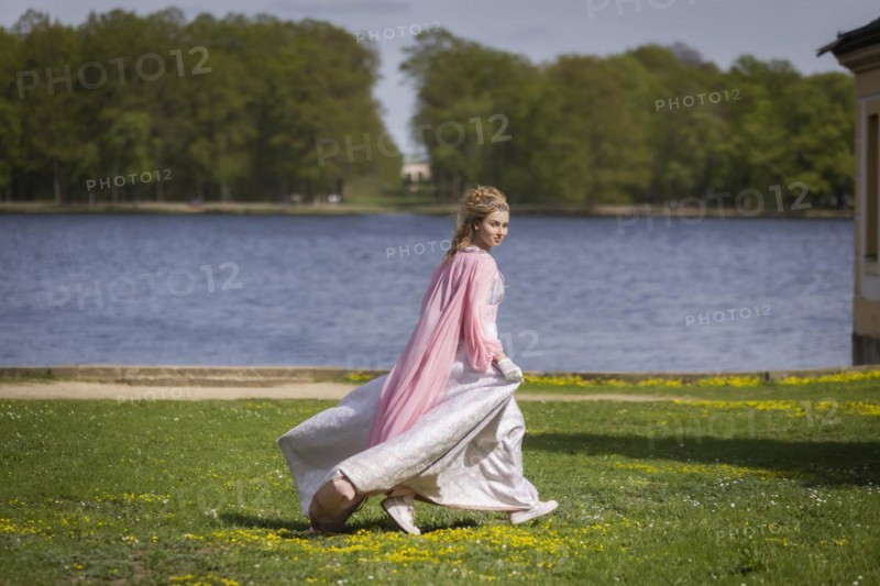 Cinderella can also be seen around Moritzburg Castle in spring. Model Tamara Kretschmer once again slipped into the coveted role of the legendary Cinderella with the ball gown, Moritzburg, Saxony, Germany, Europe