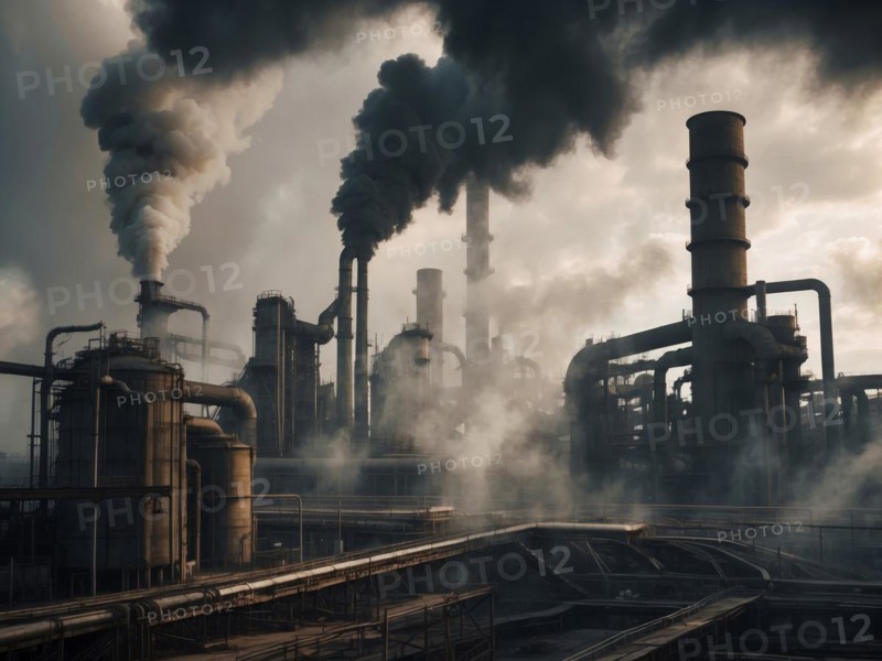 Industrial factory refinery producing a lot of pollution, plume of smokes polluting ozone layer, AI generated