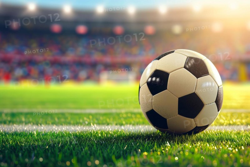 A soccer ball on a green field in soccer football stadium in evening on sunset with floodlights lights, AI generated