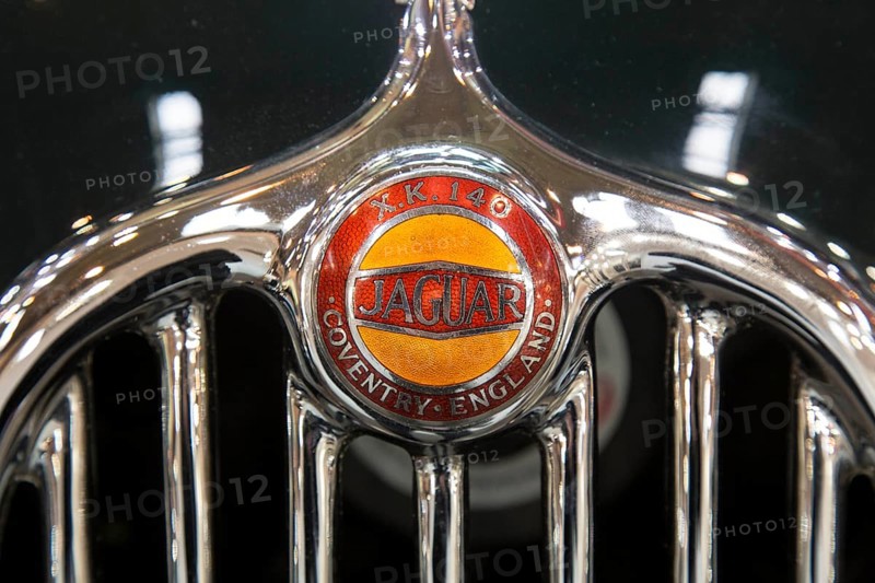 Radiator grille with logo of the Jaguar XK 140. Techno Classica is the trade fair for vintage, classic and prestige cars, motorsport, motorbikes, spare parts and restoration, Essen, 27.03.2014., Essen, North Rhine-Westphalia, Germany, Europe