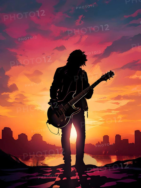 Illustration of a rock star silhouette clutching guitar against abstract urban skyline morphing into sunset, AI generated