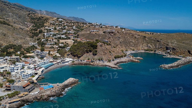 Aerial view of bay with harbour of Chora Sfakion on the south coast of Crete Libyan Sea Mediterranean, Sfakia, Crete, Greece, Europe