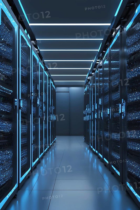 Modern server room teeming with racks of servers, AI generated