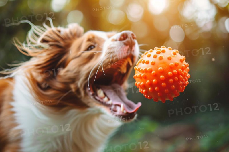 Dog playing fetch with orange ball toy. KI generiert, generiert, AI generated
