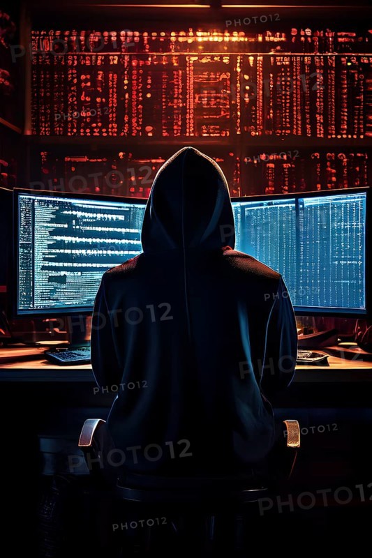 AI generated hooded man clutching a laptop symbolizing cyber criminality