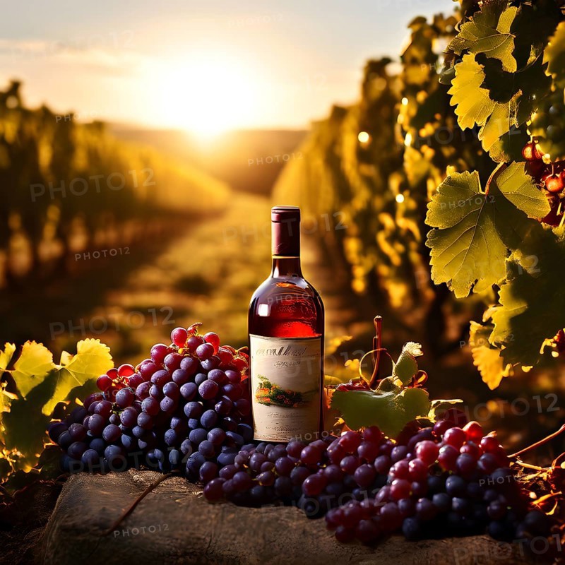 Aged bottle of wine glowing under the low sun with a vineyard in the background, AI generated