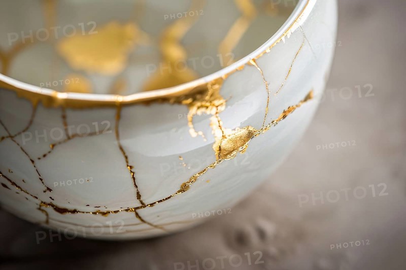 Japanese Kintsugi bowl with ceramic repair technique that uses lacquer mixed with powdered gold. KI generiert, generiert, AI generated