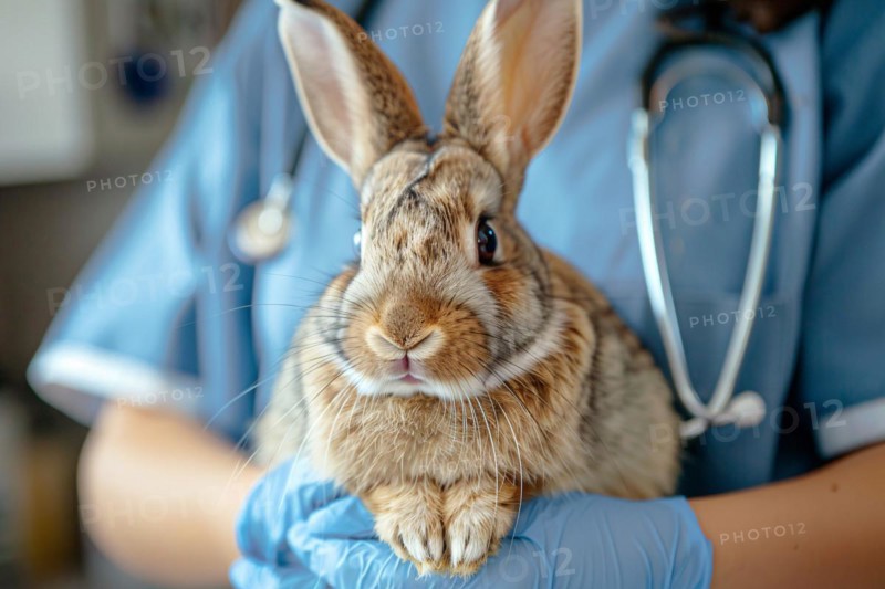Bunny being held by vet in blue scrub. KI generiert, generiert, AI generated