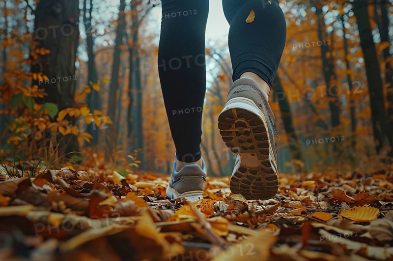 Back view of woman's legs with sport shoes jogging through forest with orange autumn leaves. Generative AI, AI generated