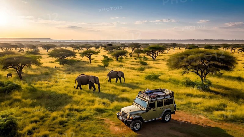 Aerial view of african savanna with elephants and a safari jeep parked, AI generated