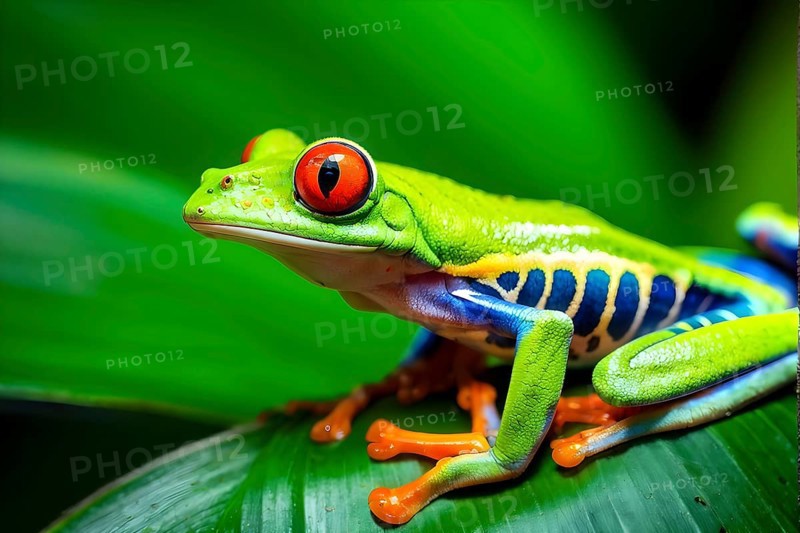 Red eyed tree frog lounging atop a tropical leaf, AI generated