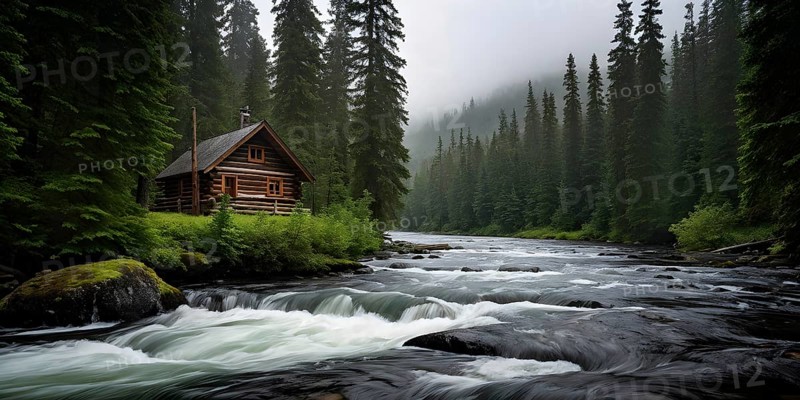 Rustic log cabin nestled in a dense evergreen forest with a river with whitewater in the foreground, AI generated