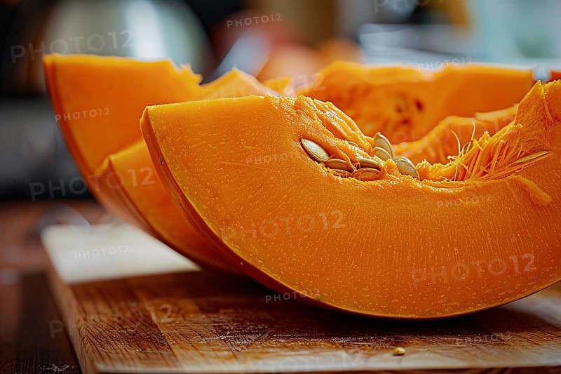 Slice of orange pumpkin with seeds on cutting board in kitchen. Generative AI, AI generated