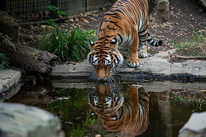 Tiger drinking water in zoo. Generative Ai, AI generated