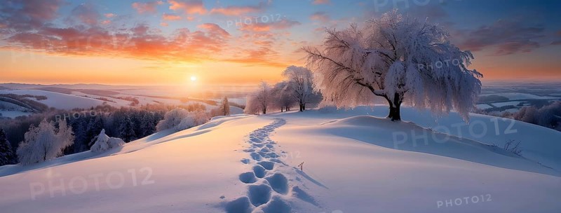 Footprints in fresh snow on a hill with a row of trees in winter in golden sunrise light, AI generated