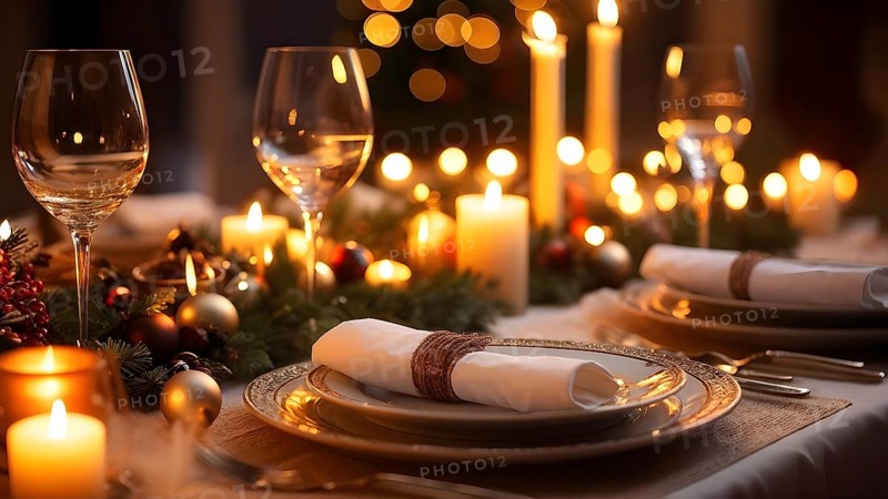 Close up of Christmas dinner table with traditional festive foods and ambient candlelight, AI generated