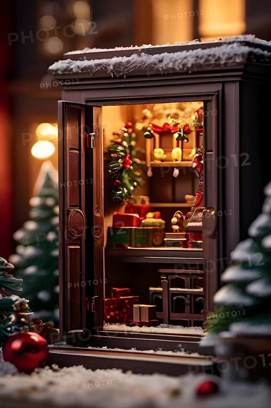Traditional advent calendar door opening, showing a tiny festive scene inside with miniature decorations, AI generated