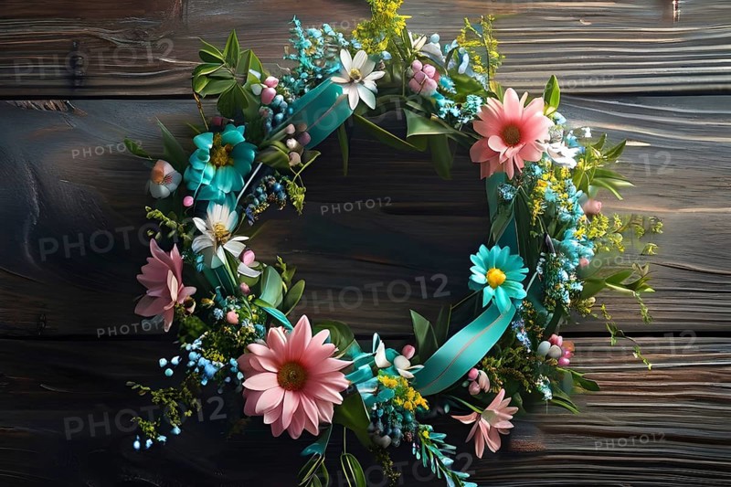 Spring wreath with pastel ribbons, speckled eggs, and blooming flowers, hanging on a wooden background, AI generated