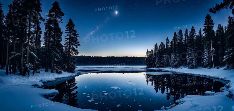 Tranquil winter night scene with a crescent moon and stars shining brightly over a frozen lake, with a line of snow-covered pine trees reflected in the lake, AI generated