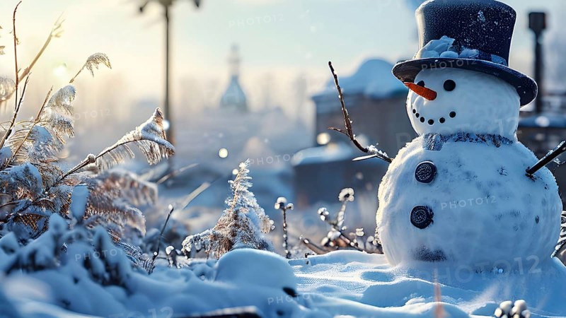 Snowman in an idylic winter urban scenery, snow-covered streets and buildings in background, ambient light, AI generated