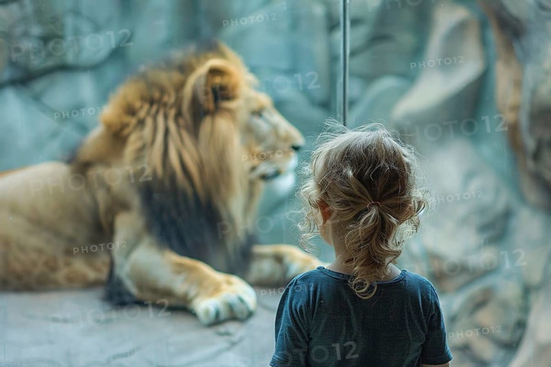 Young girl child watching lion in zoo behind glass. Generative AI, AI generated