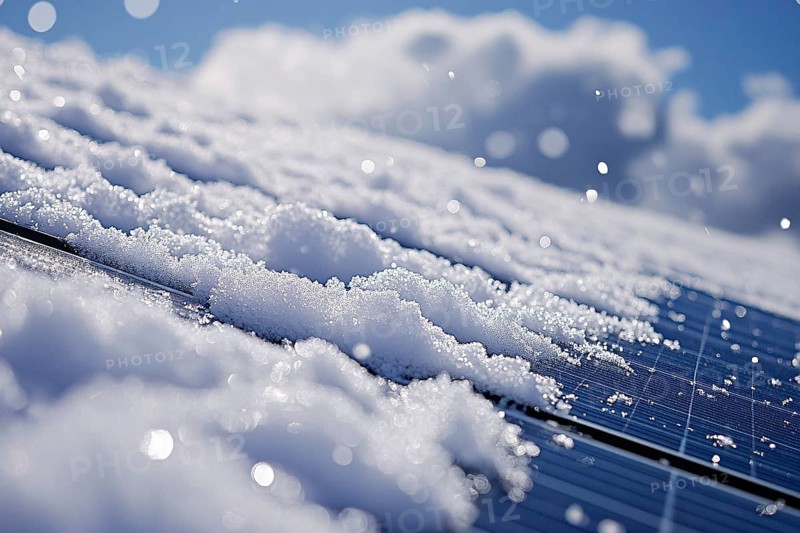 Close up of snow on photovoltaic solar cells on roof of house, Generative AI, AI generated