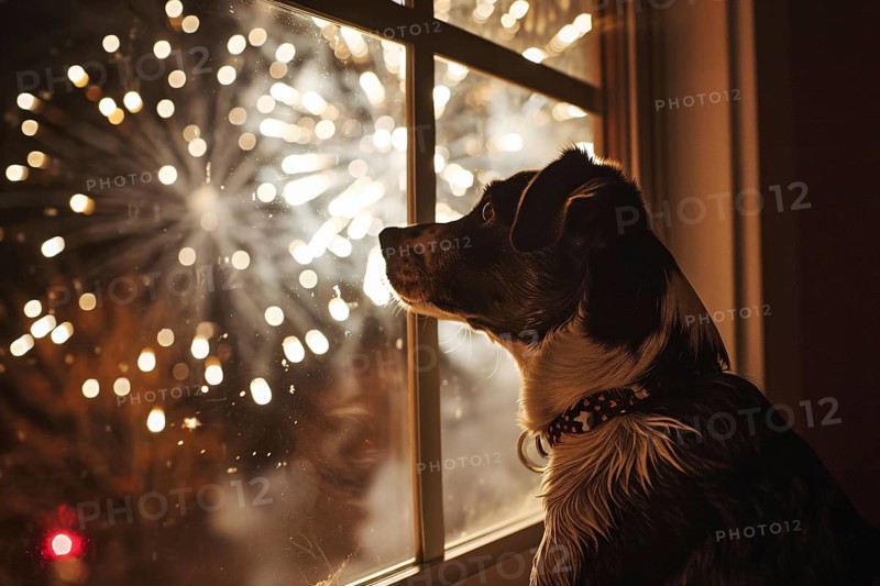 Dog looking out of window at fireworks in night sky. Generative AI, AI generated