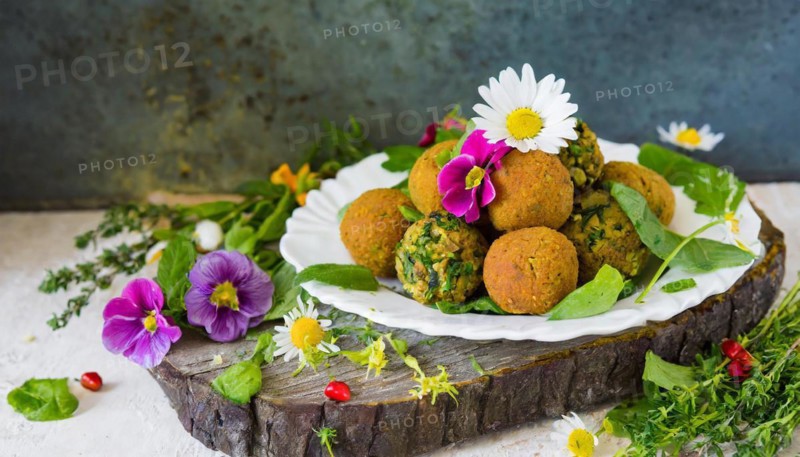 Food, falafel with herbs and edible flowers, product made from chickpeas, AI generated, AI generated