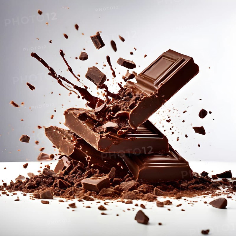 Milk chocolate bar exploding into fragments against a dark backdrop, AI generated