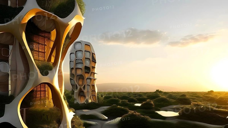 Futuristic skyscraper with termite mounds for natural ventilation and energy efficiency, AI generated
